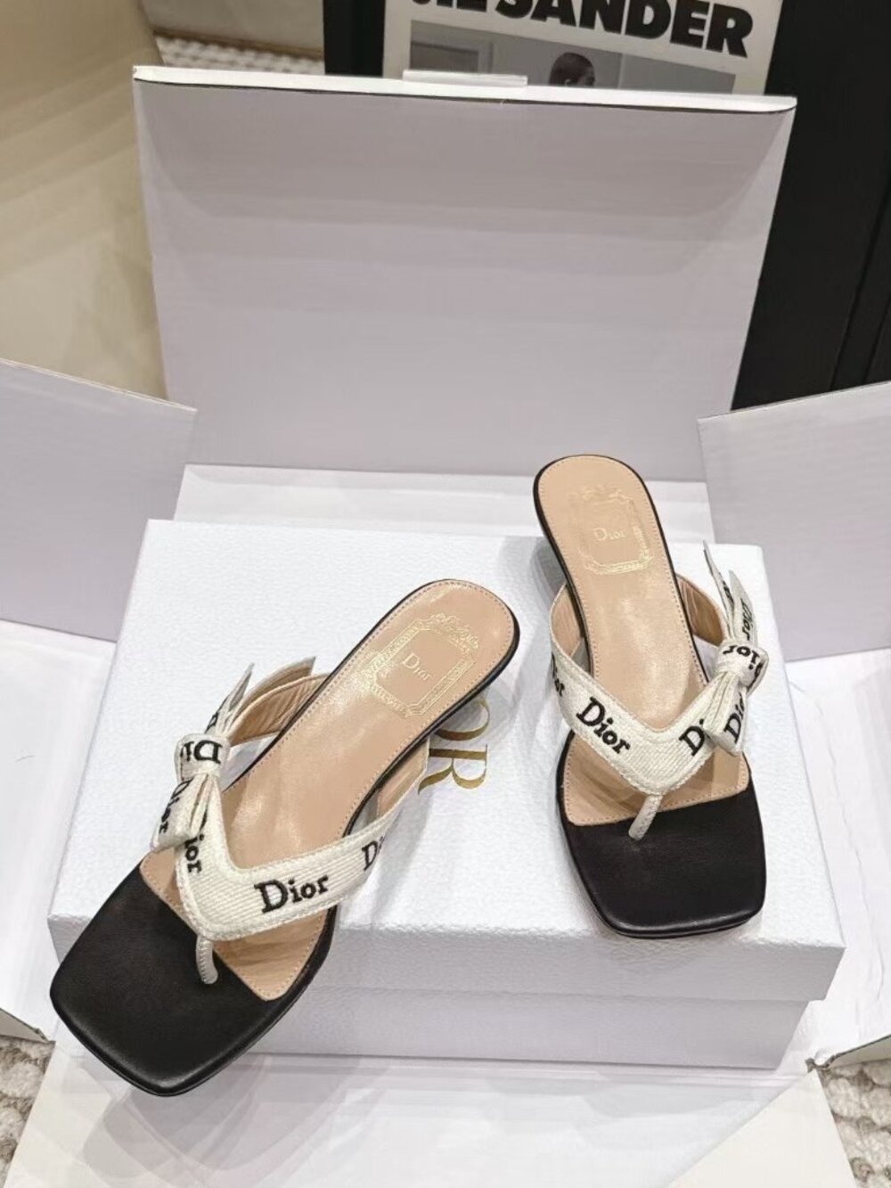 Dior White Logo Ribbon Bow Kitten Heel Thong Sandals